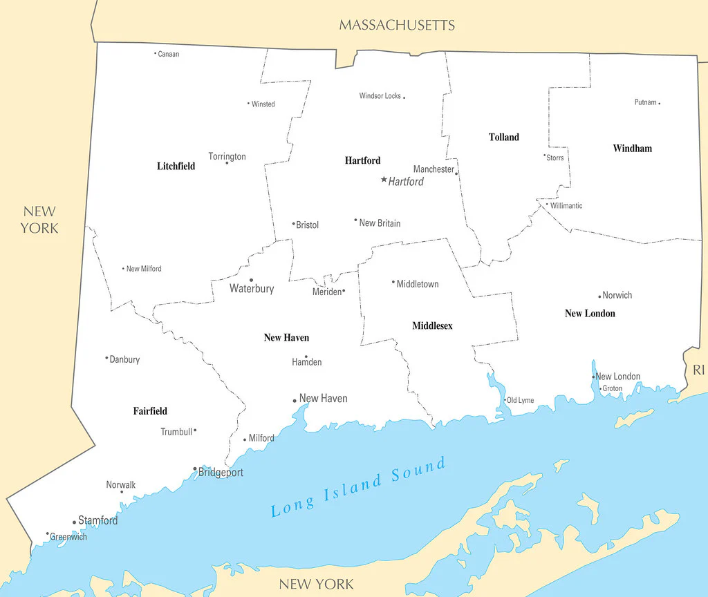 Connecticut county service area map showing virtual service statewide.